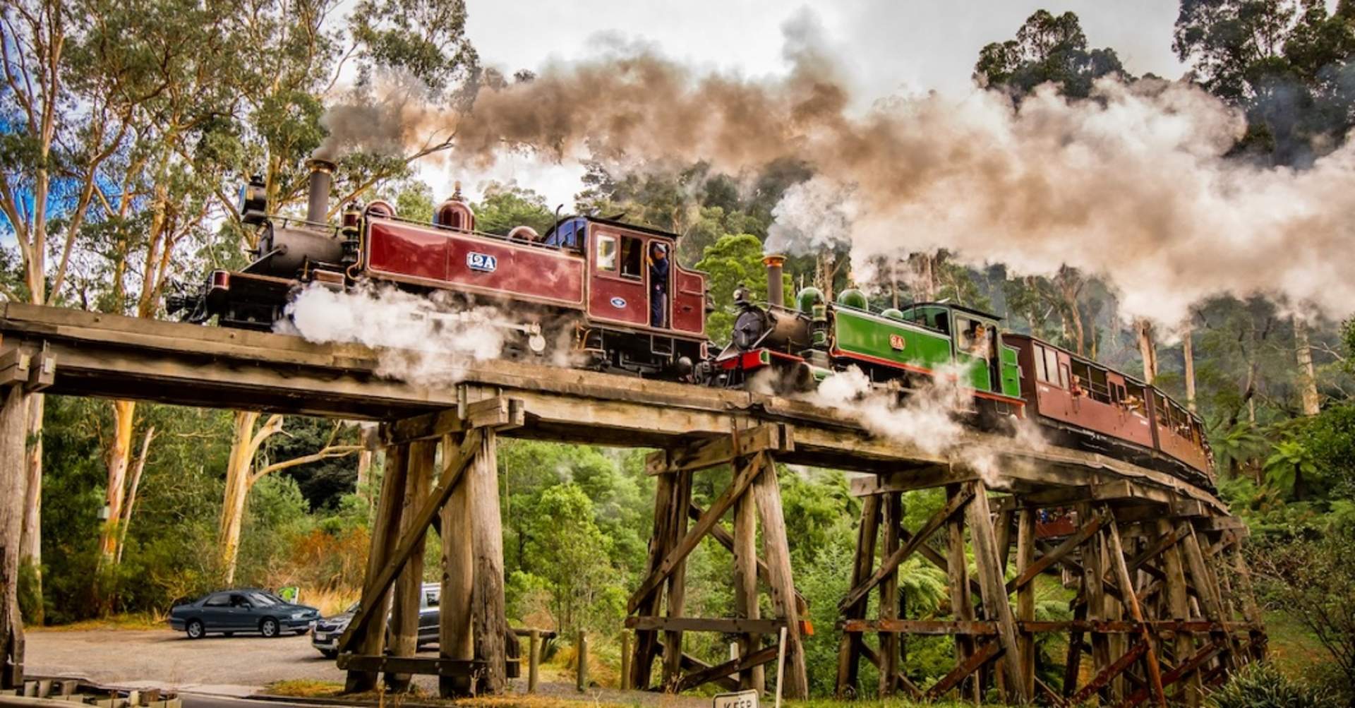 Puffing billy travelling over the famous monbulk creek trestle bridge